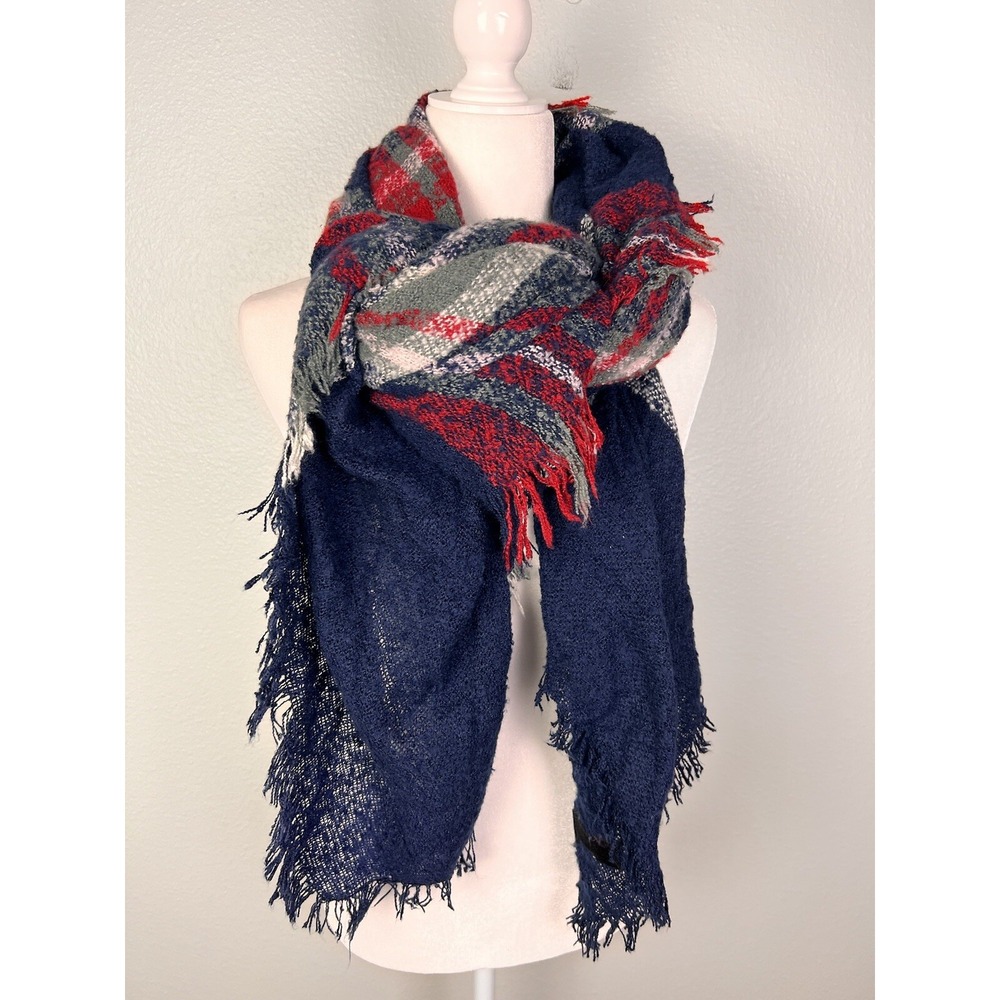 D&Y Softer Than Cashmere Plaid‎ Scarf Red Blue White 54in by 58in